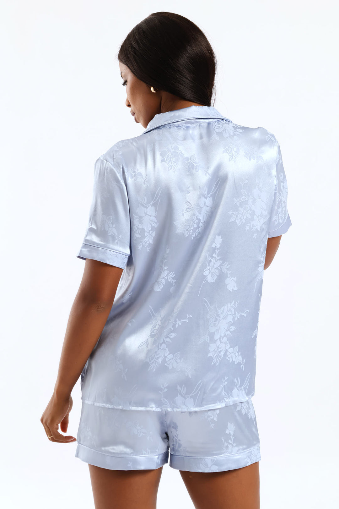 Embossed Floral Button Through & Satin Short Set - Blue