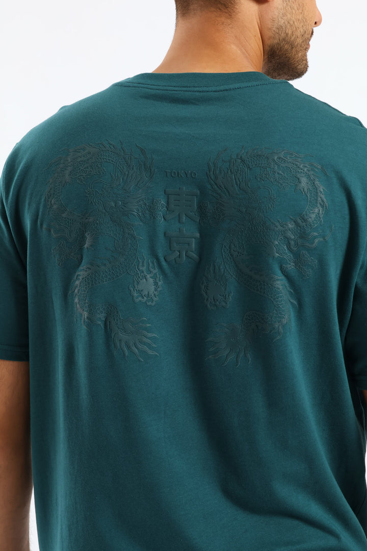 Dragon Front & Back Print Tee - Dark Teal