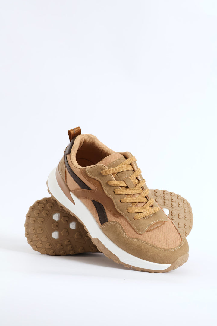 Panelled Retro Sneaker - Beige