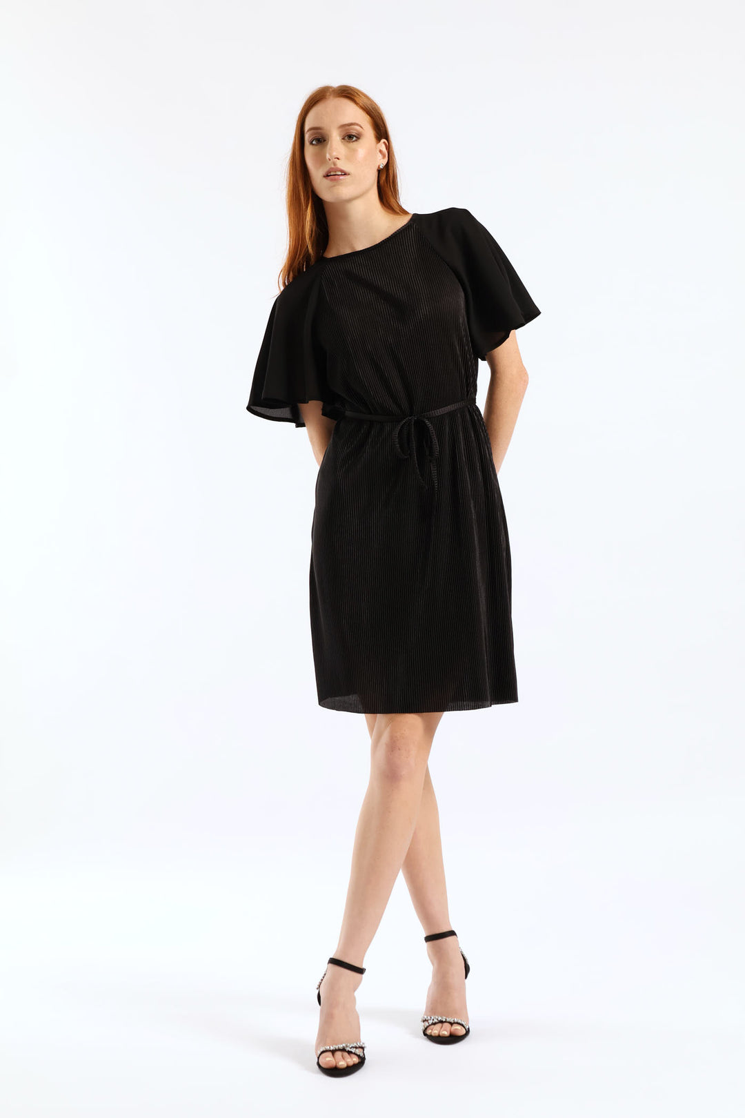 Flutter Sleeve Plisse Combo Dress - Black