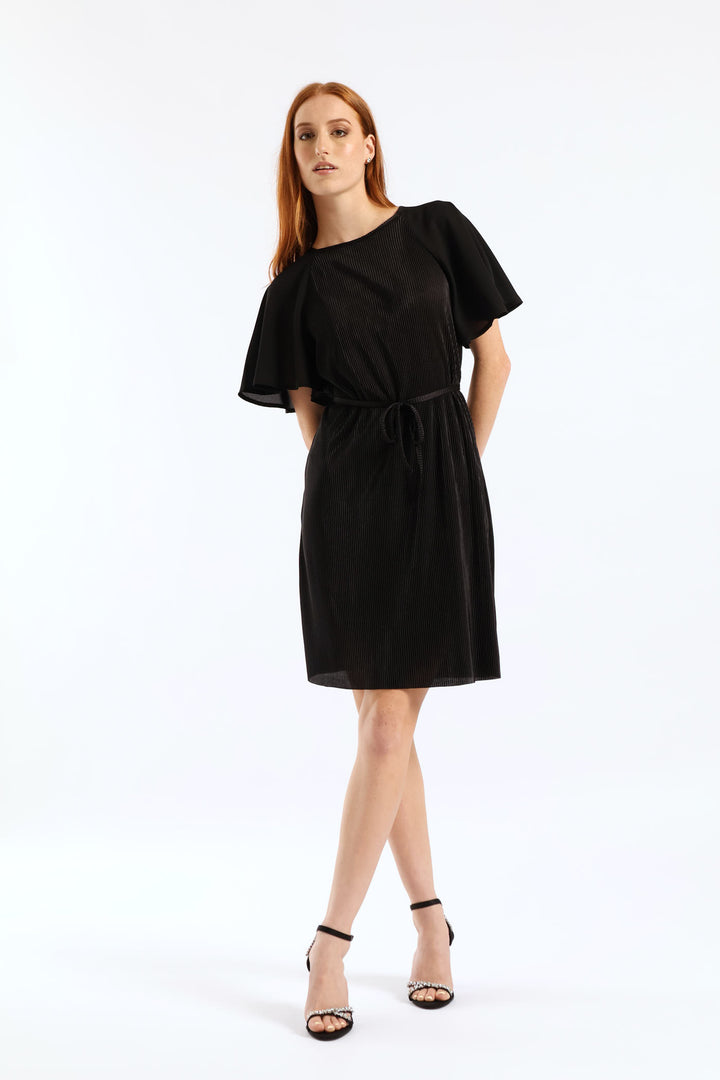 Flutter Sleeve Plisse Combo Dress - Black