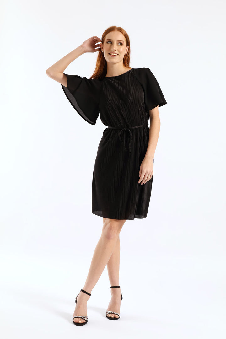 Flutter Sleeve Plisse Combo Dress - Black