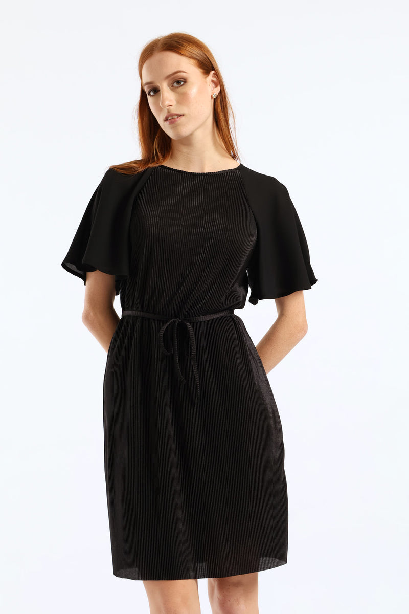 Flutter Sleeve Plisse Combo Dress - Black