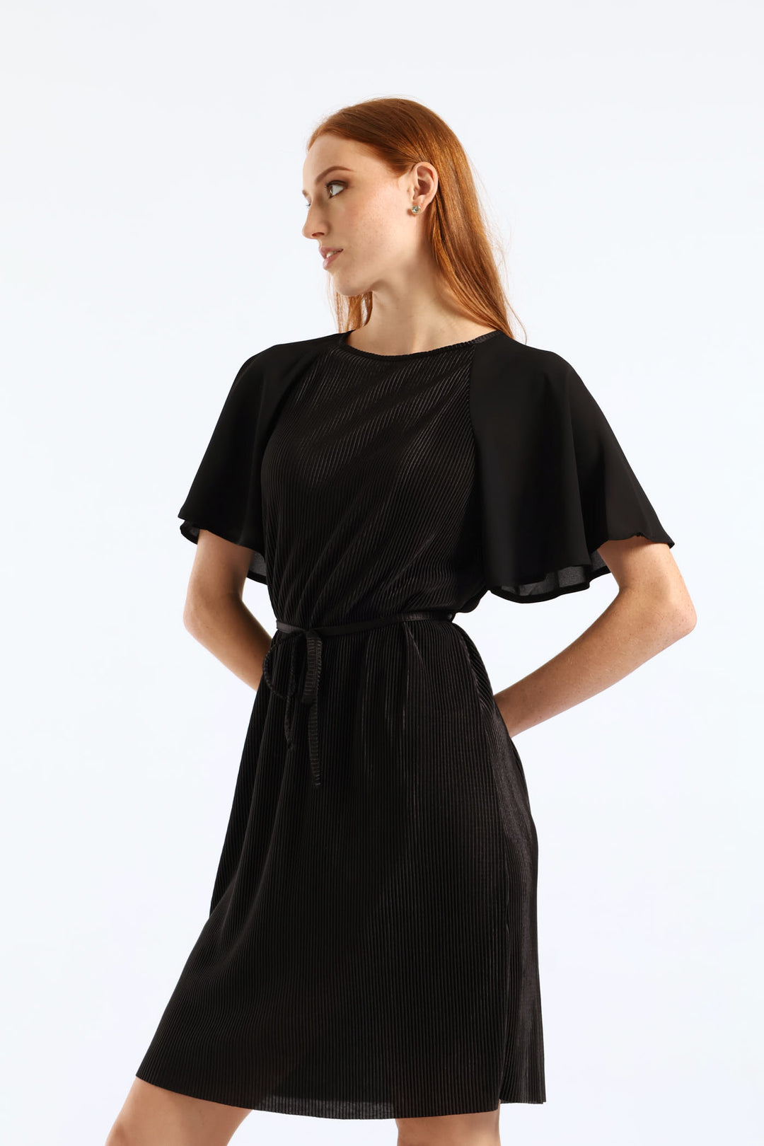 Flutter Sleeve Plisse Combo Dress - Black