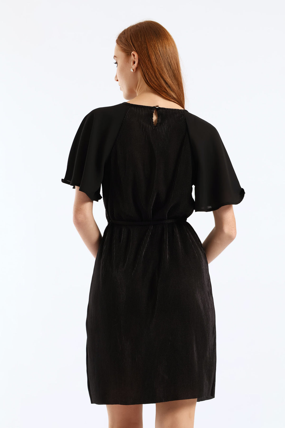 Flutter Sleeve Plisse Combo Dress - Black