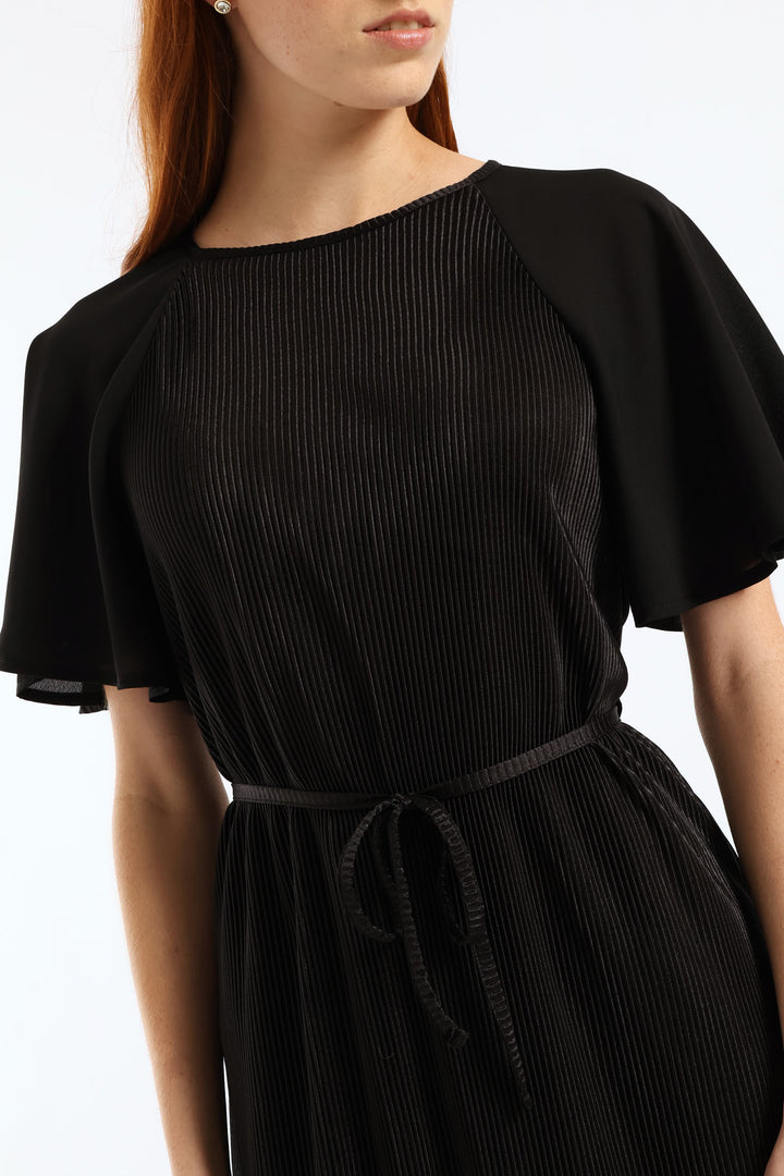 Flutter Sleeve Plisse Combo Dress - Black