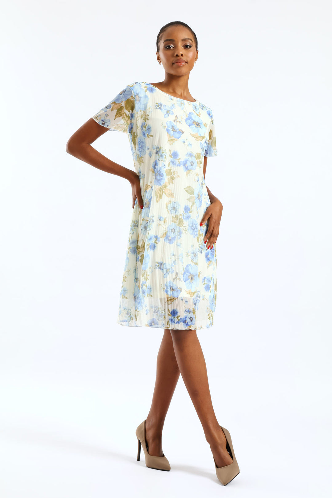 Ladies Release Pleat Floral Mesh Midi Dress - Cream/Blue Edgars Ladies Release Pleat Floral Mesh Midi Dress - Cream/Blue Edgars