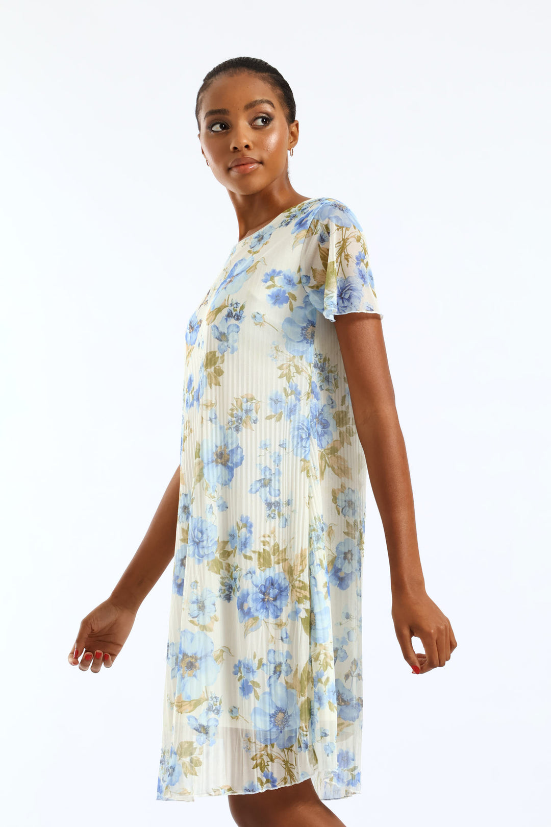 Release Pleat Floral Mesh Midi Dress - Cream/Blue