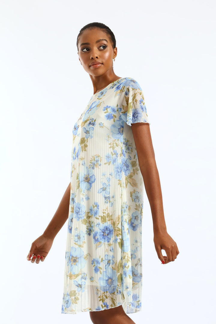 Release Pleat Floral Mesh Midi Dress - Cream/Blue