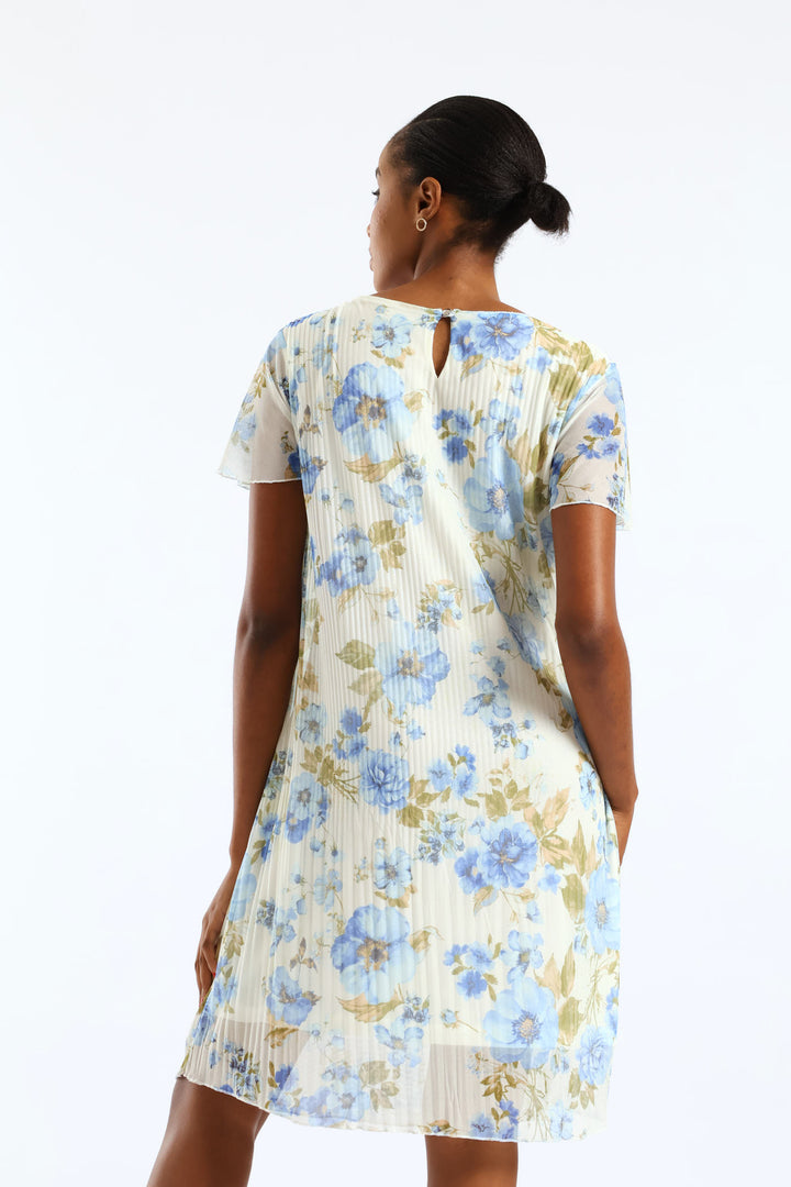 Release Pleat Floral Mesh Midi Dress - Cream/Blue