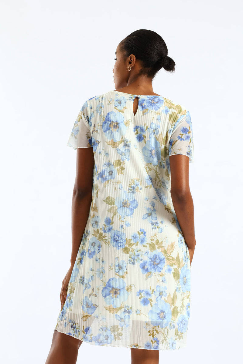 Release Pleat Floral Mesh Midi Dress - Cream/Blue
