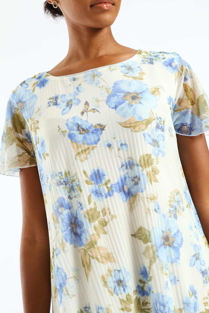 Release Pleat Floral Mesh Midi Dress - Cream/Blue