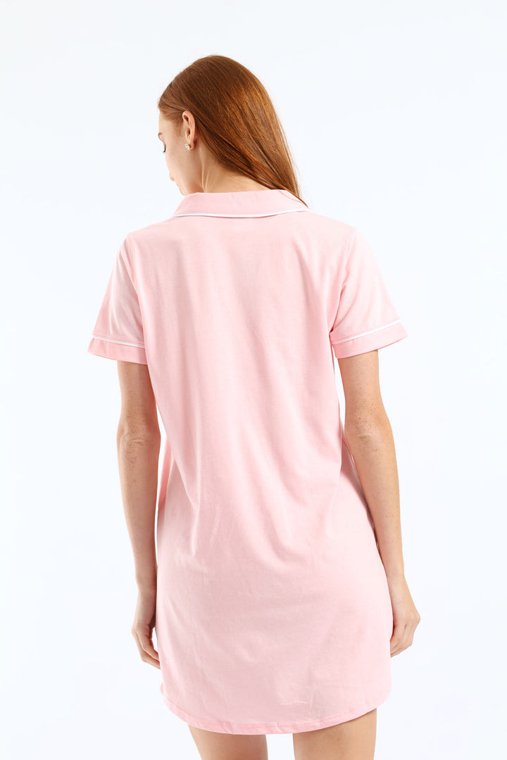 Button Through Knit Sleepshirt - Pink