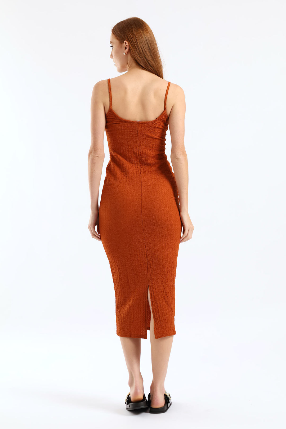 Strappy Textured Bodycon Midi Dress - Rust