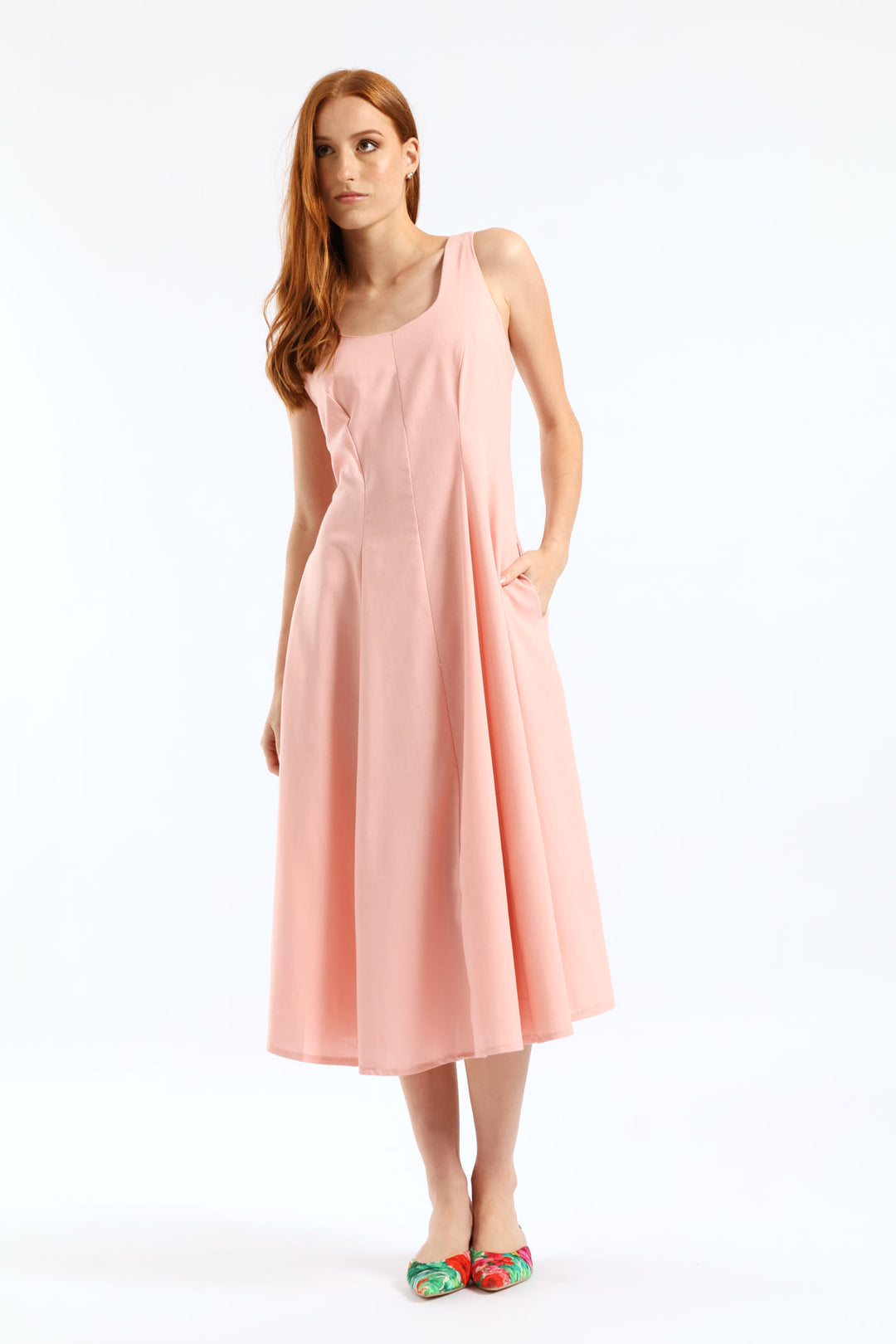 Panelled Fit & Flare Linen Midi Dress - Light Blush
