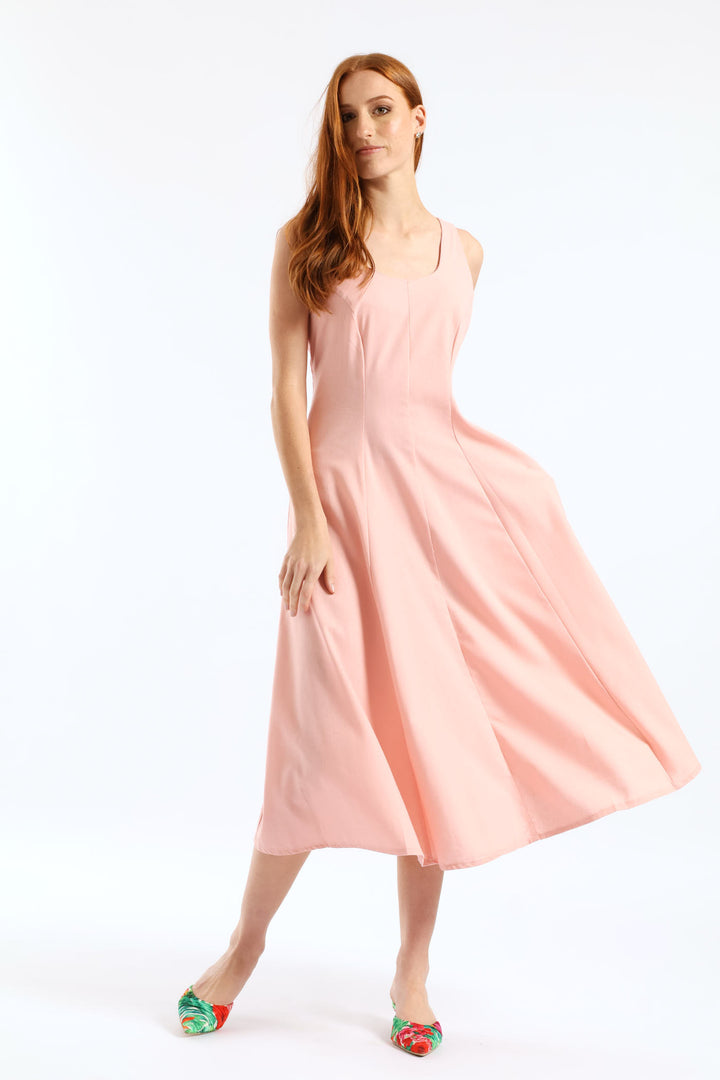 Panelled Fit & Flare Linen Midi Dress - Light Blush