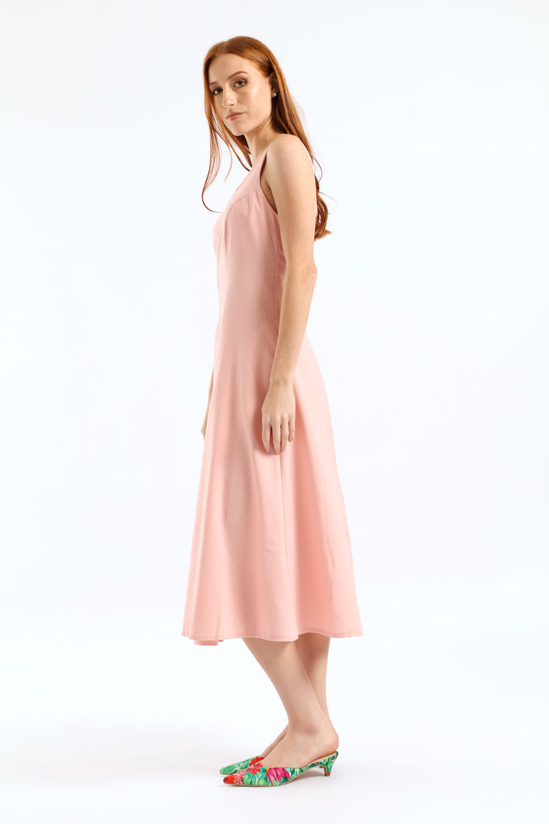 Panelled Fit & Flare Linen Midi Dress - Light Blush