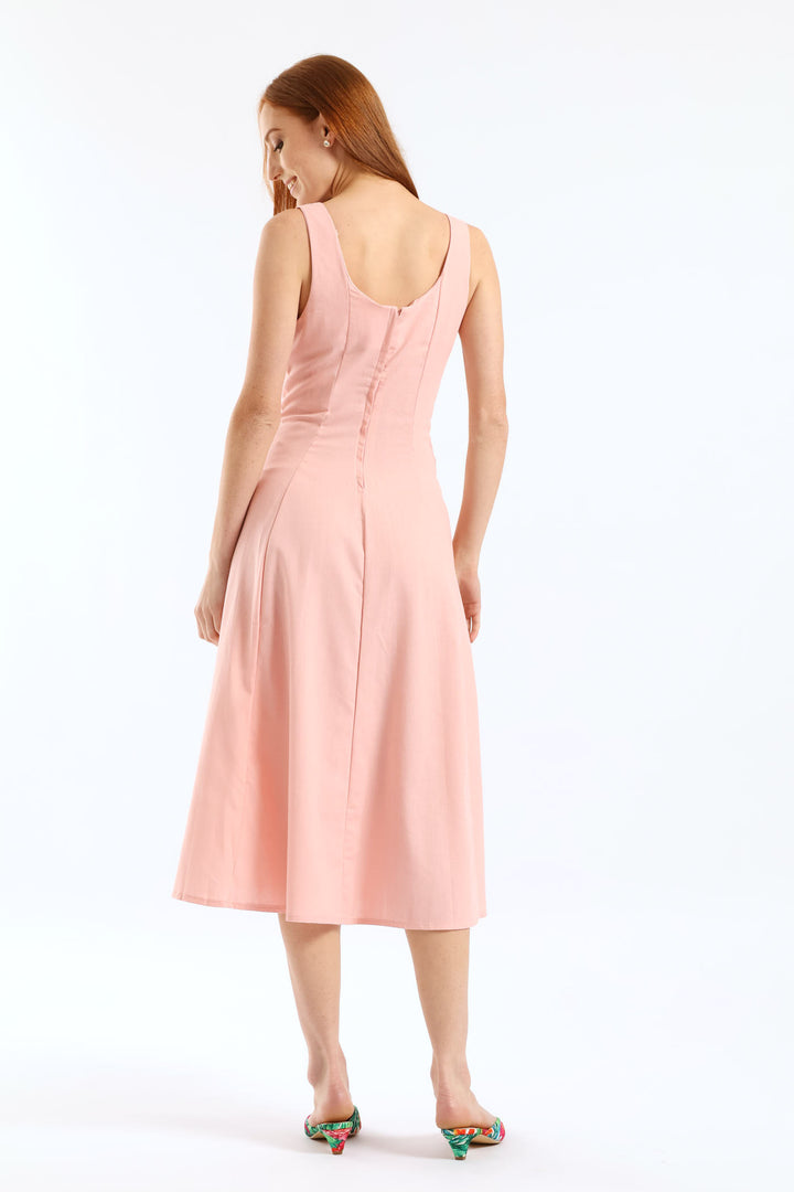 Panelled Fit & Flare Linen Midi Dress - Light Blush