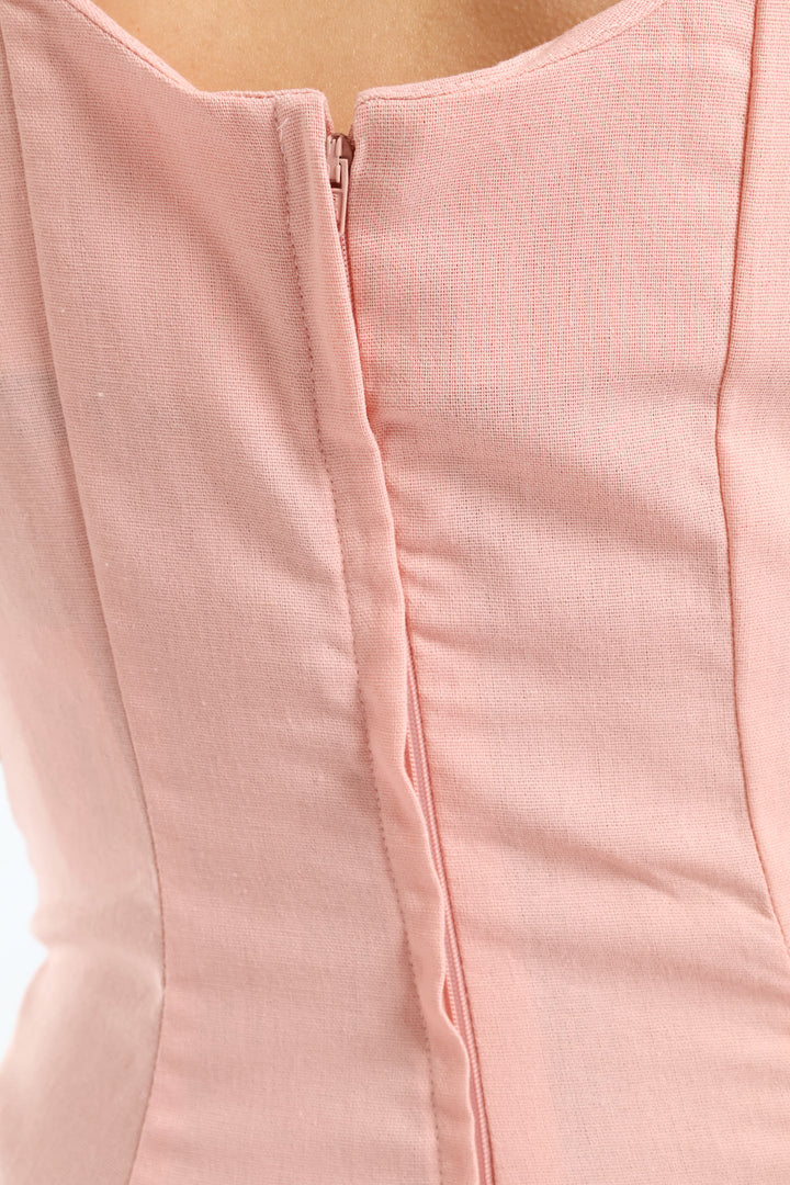 Panelled Fit & Flare Linen Midi Dress - Light Blush