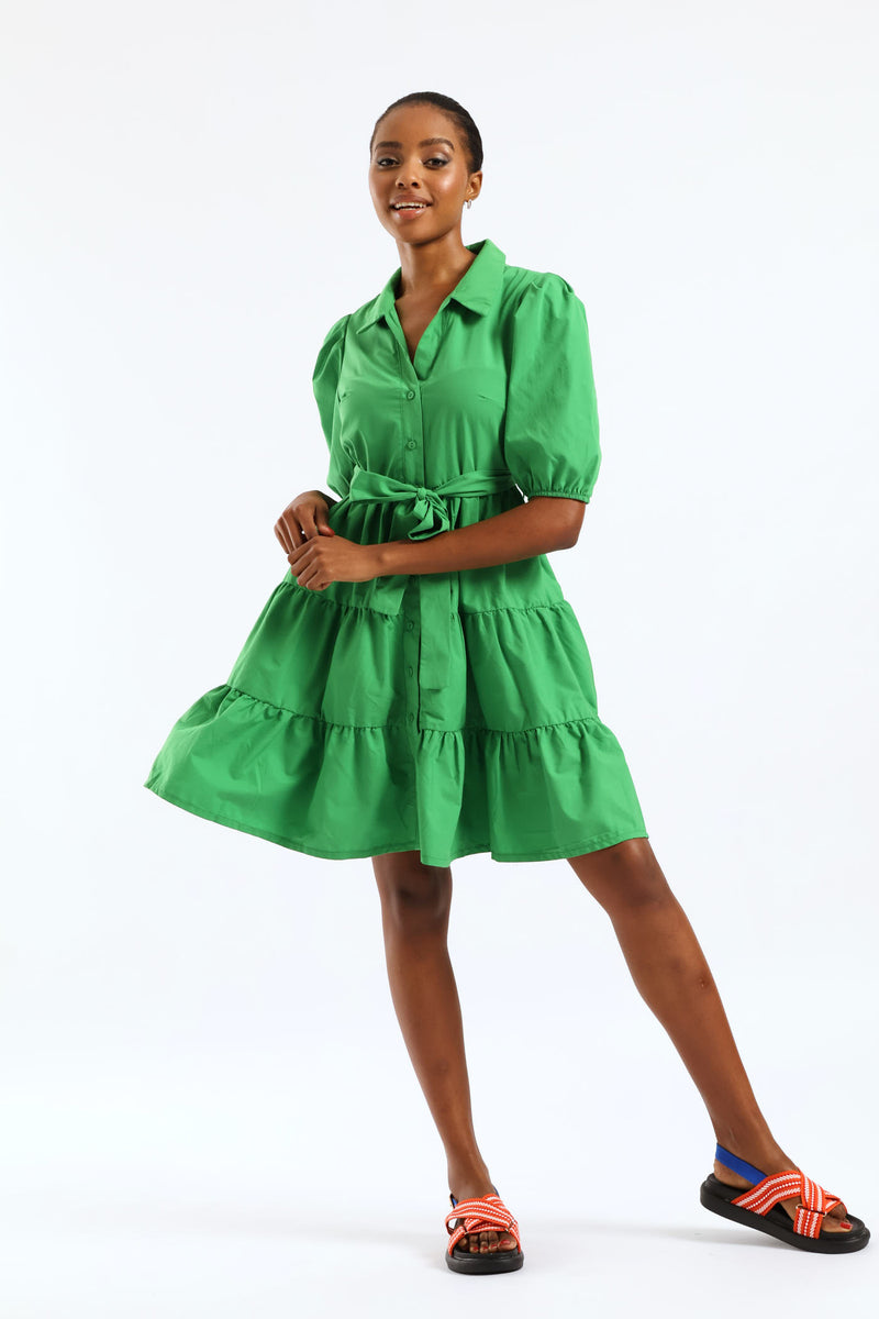 Collared Belted Tiered Shirt Dress - Emerald