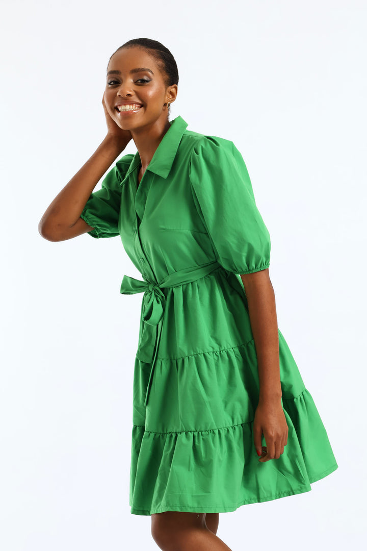 Collared Belted Tiered Shirt Dress - Emerald