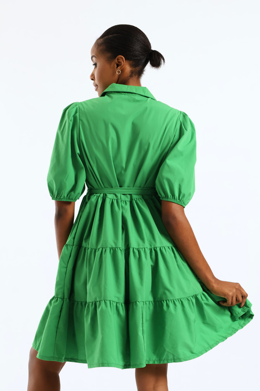 Collared Belted Tiered Shirt Dress - Emerald