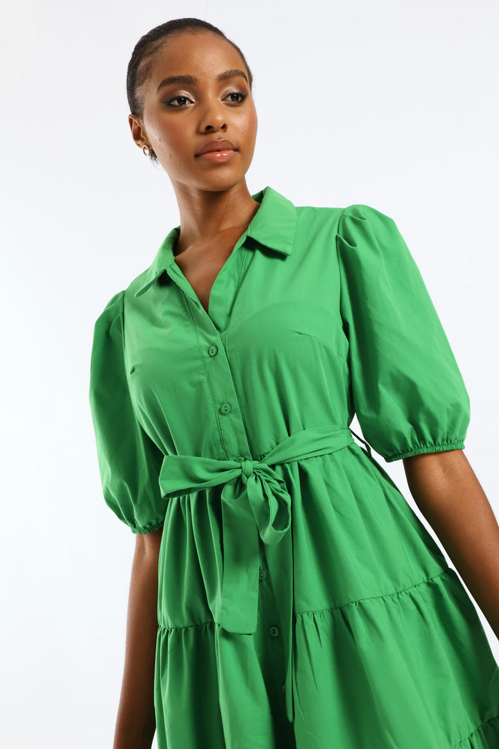 Collared Belted Tiered Shirt Dress - Emerald