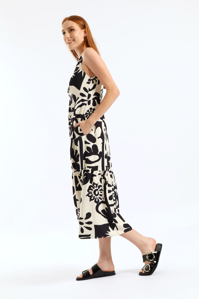 Multi Tier Abstract Print Maxi Dress - Black/White