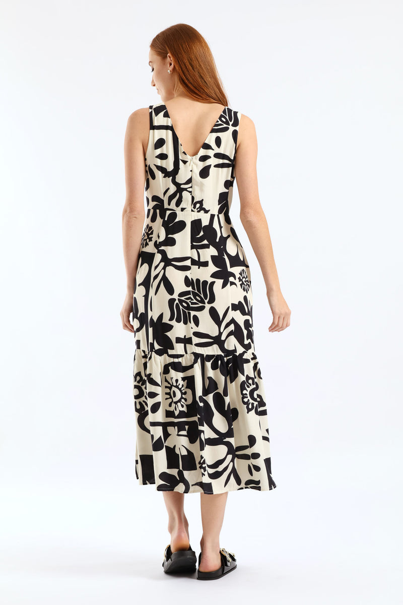 Multi Tier Abstract Print Maxi Dress - Black/White