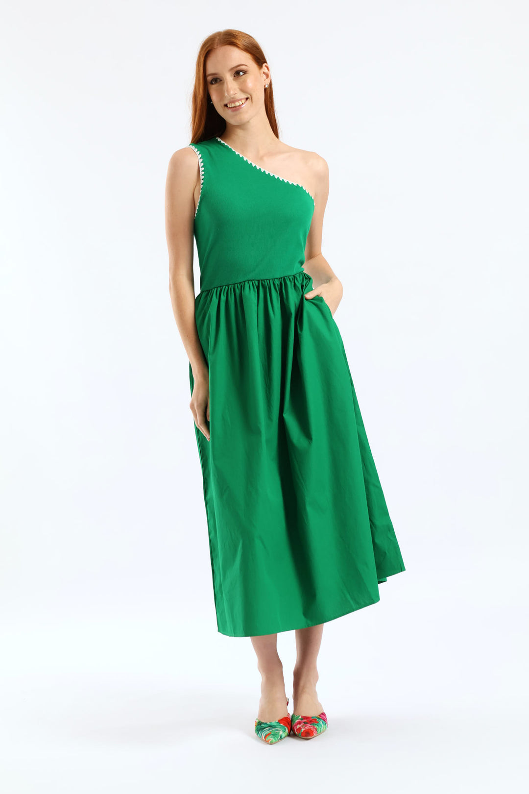 Contrast Stitch Detail One Shoulder Combo Midi Dress - Emerald