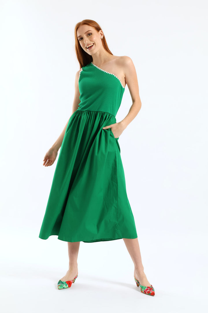 Contrast Stitch Detail One Shoulder Combo Midi Dress - Emerald
