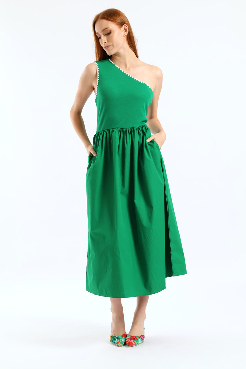 Contrast Stitch Detail One Shoulder Combo Midi Dress - Emerald