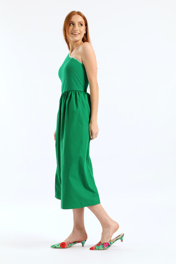 Contrast Stitch Detail One Shoulder Combo Midi Dress - Emerald