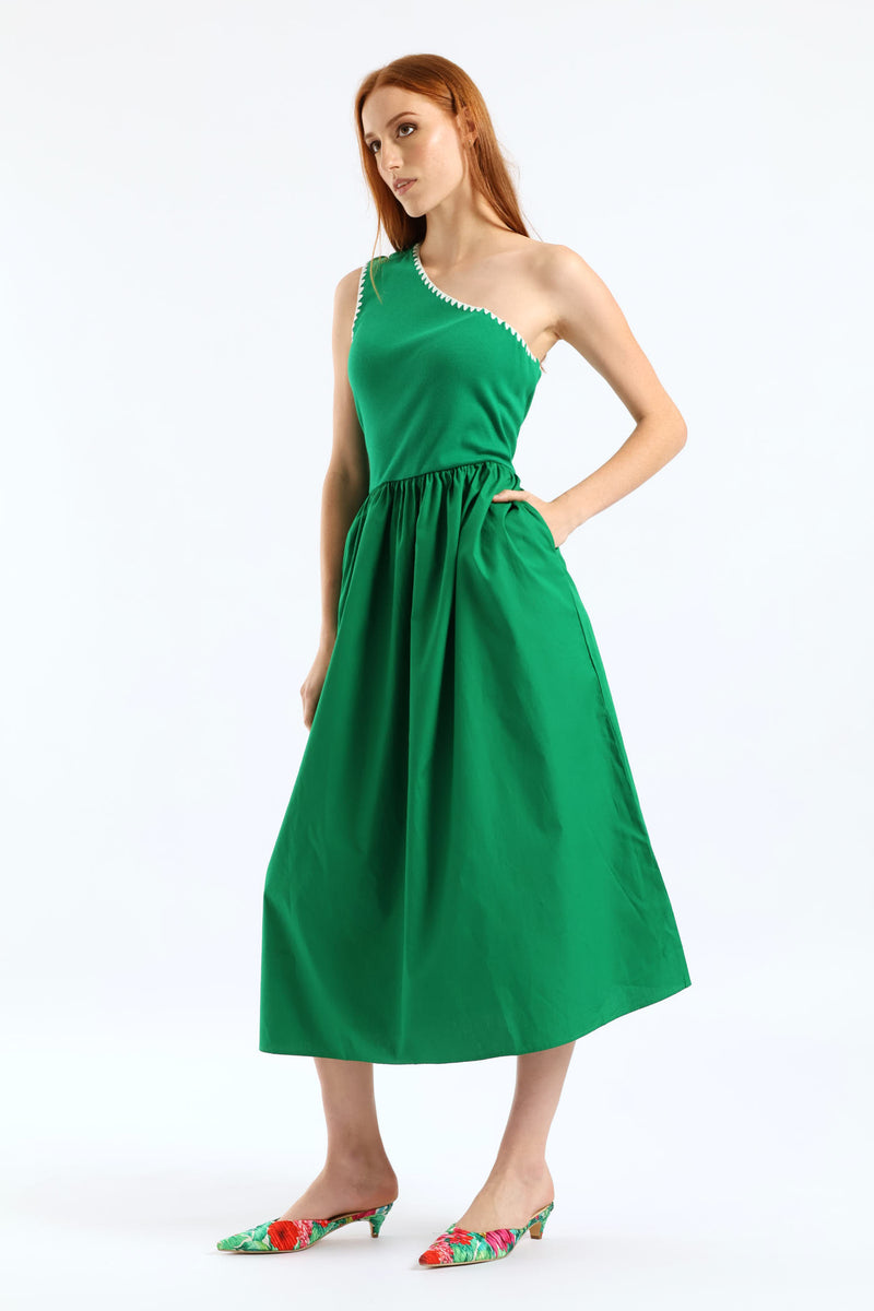 Contrast Stitch Detail One Shoulder Combo Midi Dress - Emerald