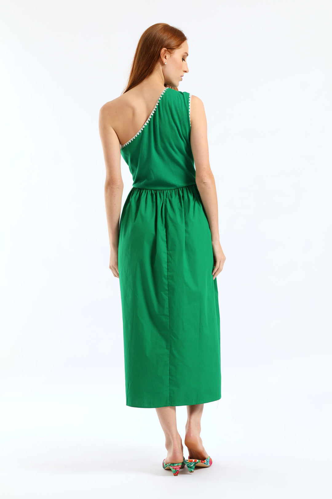 Contrast Stitch Detail One Shoulder Combo Midi Dress - Emerald