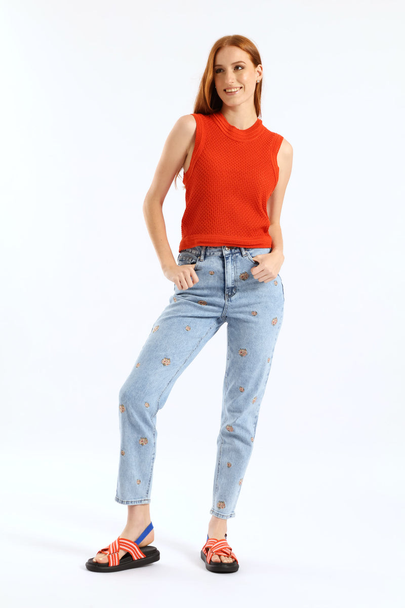 Ladies Clustered Floral Embroidered Mom Jean - Salty Light Wash