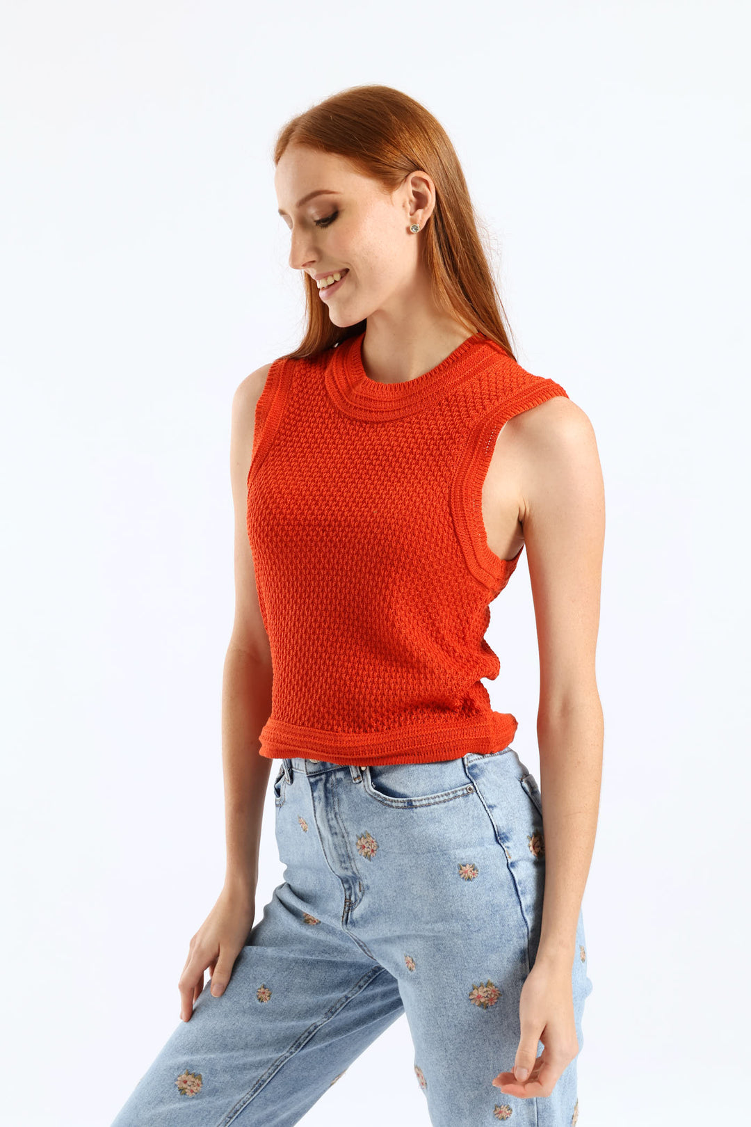 Ottoman Stitch Detail Textured Knitwear Tank - Burnt Orange