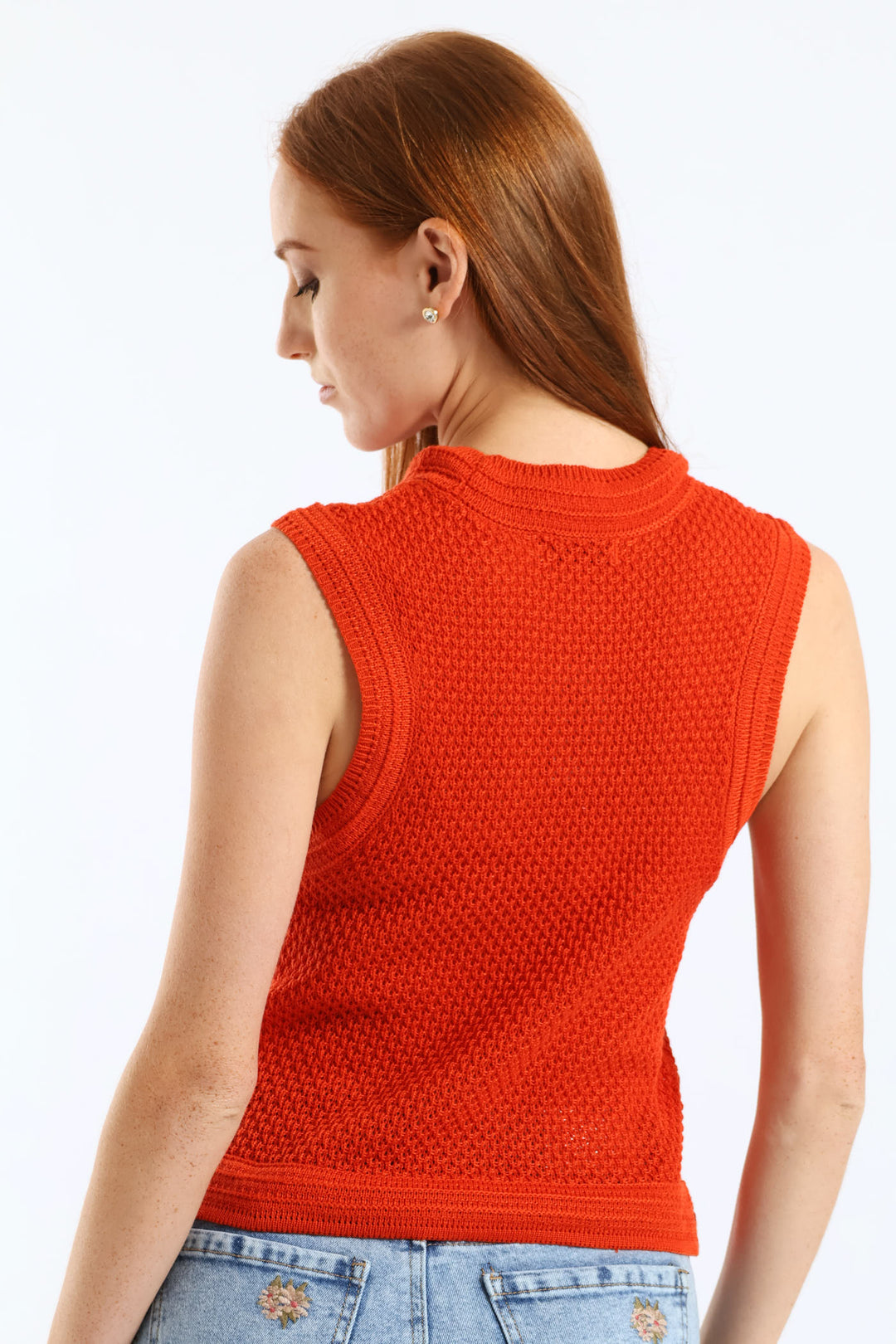 Ottoman Stitch Detail Textured Knitwear Tank - Burnt Orange