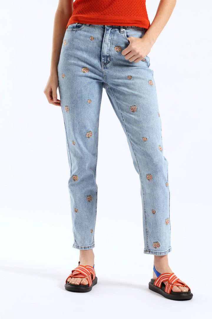 Clustered Floral Embroidered Mom Jean - Salty Light Wash