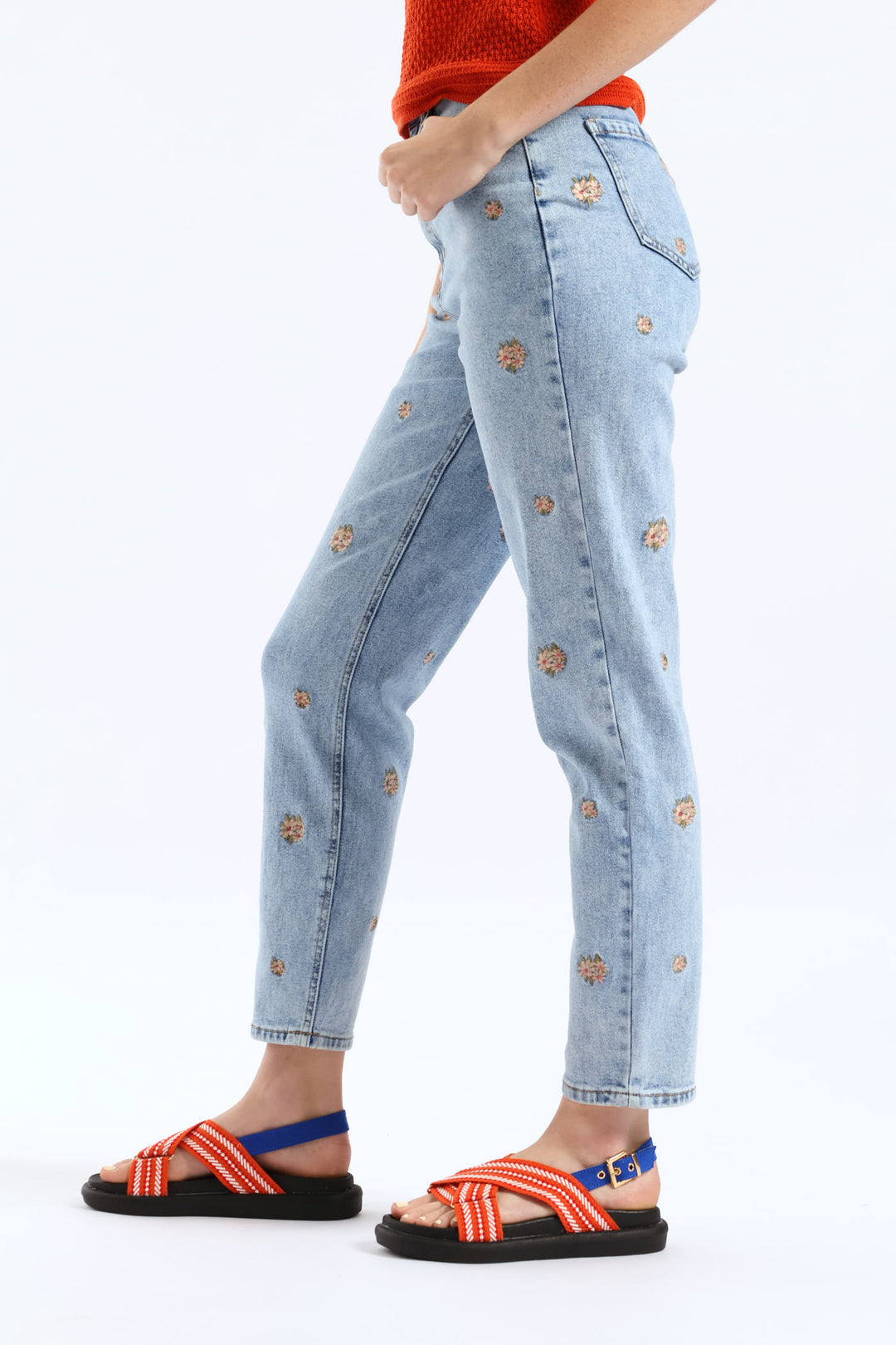 Clustered Floral Embroidered Mom Jean - Salty Light Wash