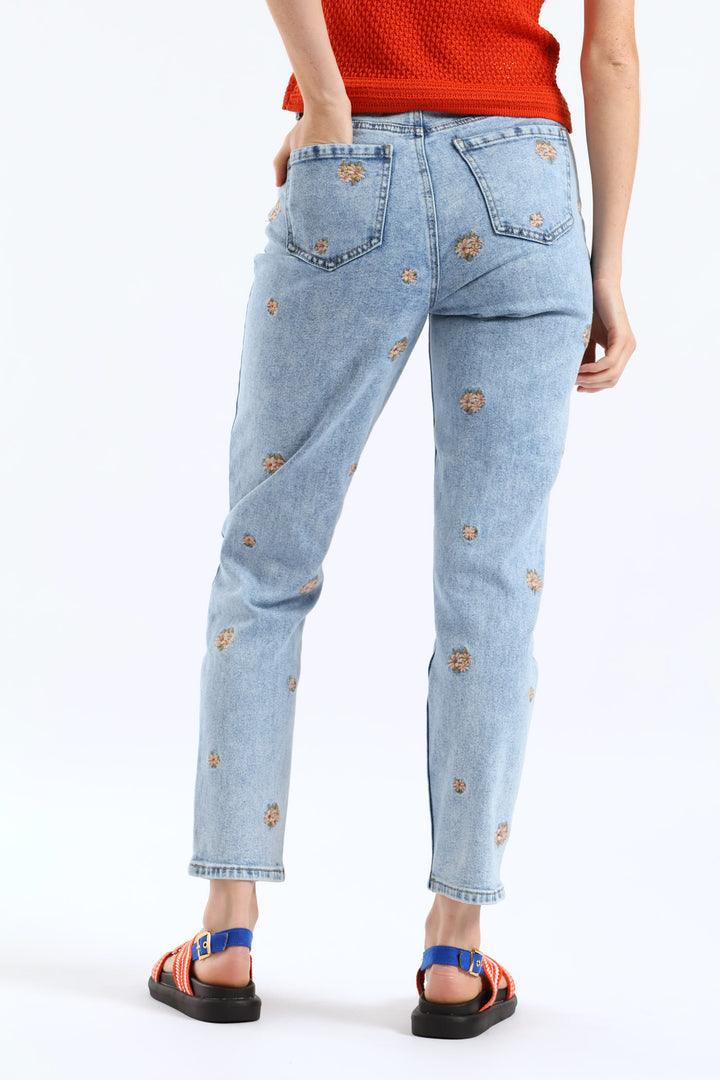 Clustered Floral Embroidered Mom Jean - Salty Light Wash