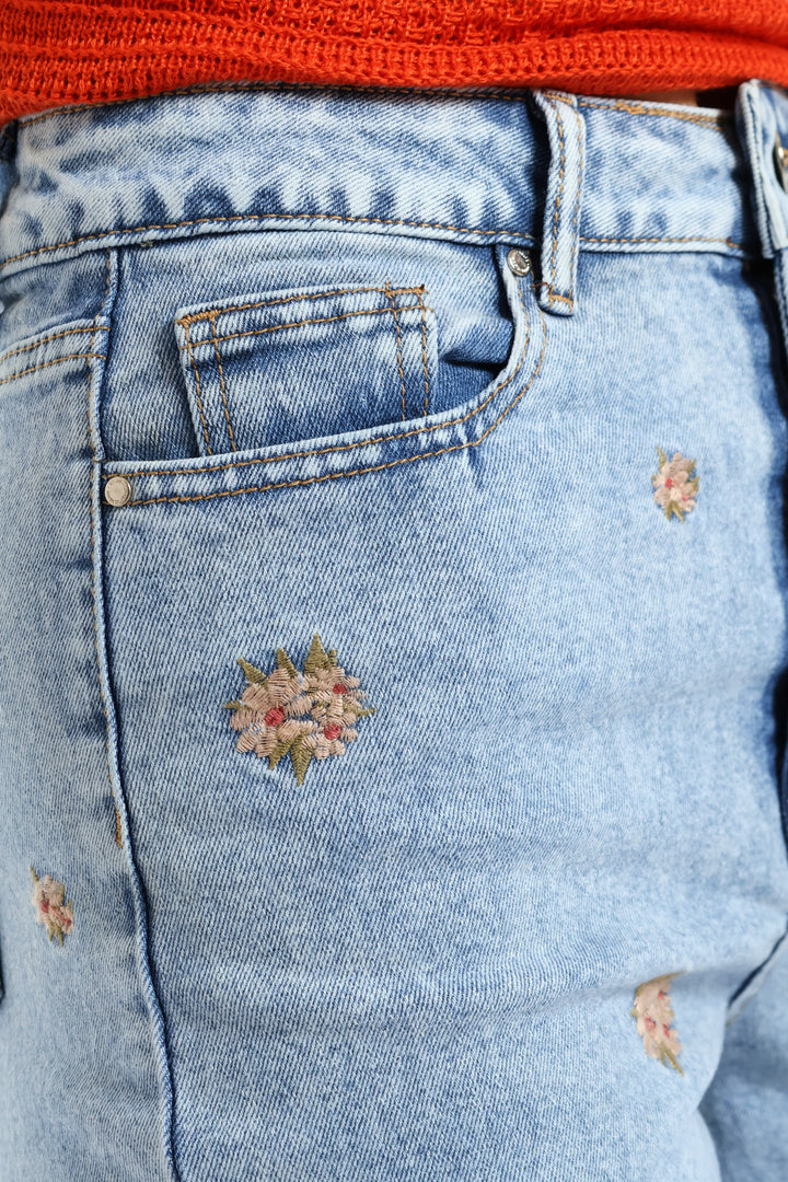 Clustered Floral Embroidered Mom Jean - Salty Light Wash