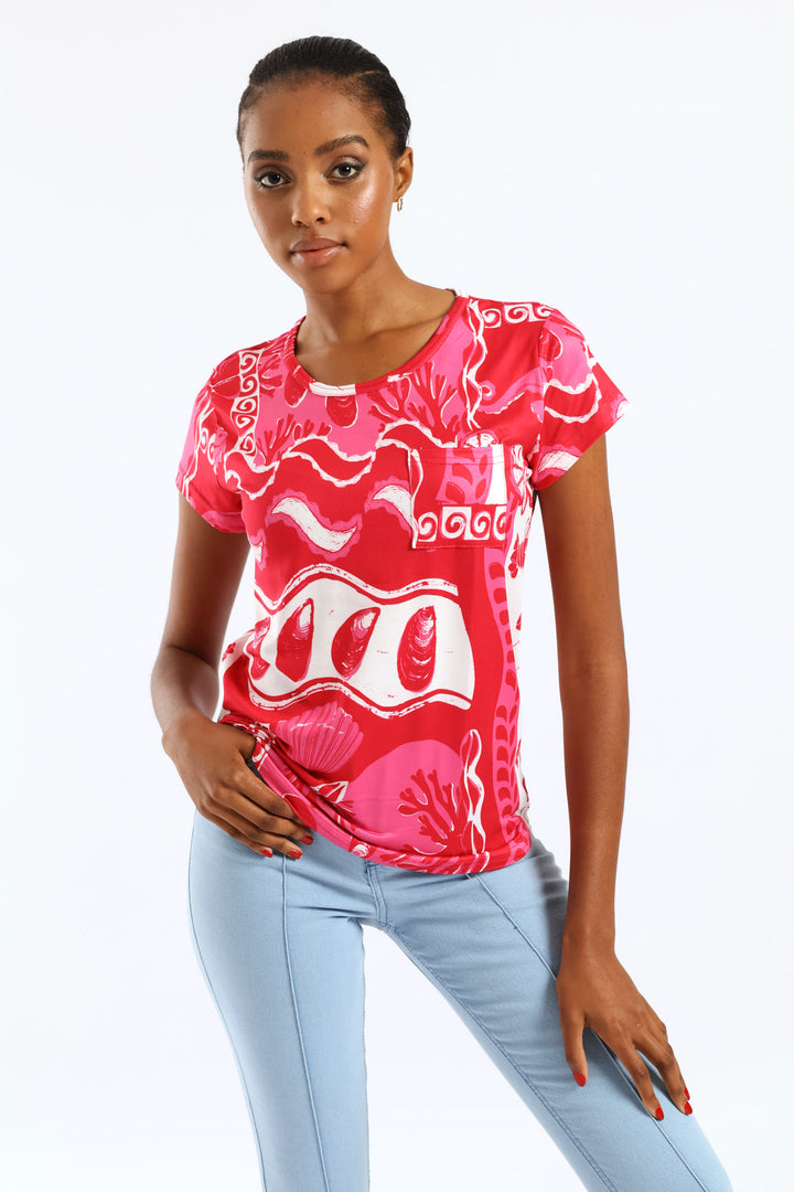 Short Sleeve Print Pocket Tee - Red/Pink