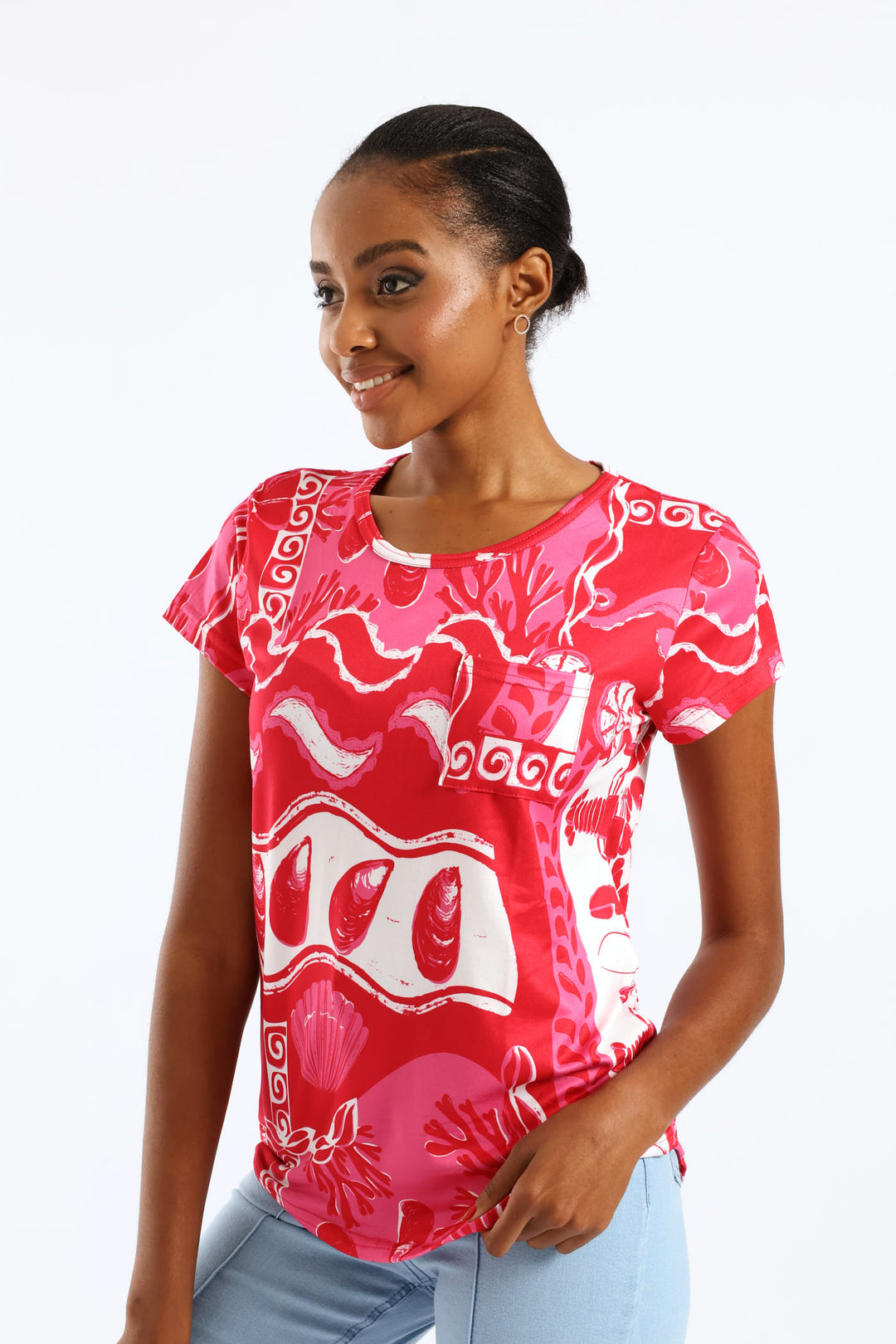 Short Sleeve Print Pocket Tee - Red/Pink