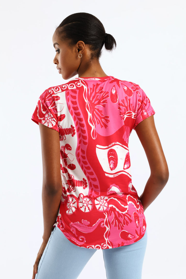 Short Sleeve Print Pocket Tee - Red/Pink