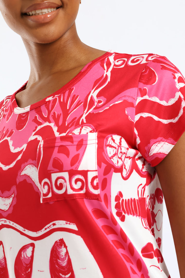 Short Sleeve Print Pocket Tee - Red/Pink