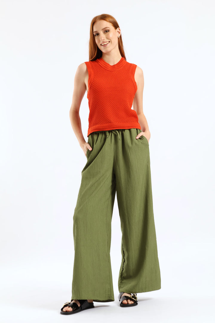 Elasticated Waist Crinkle Wideleg Pant - Deep Chartreuse