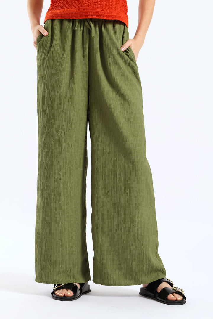 Elasticated Waist Crinkle Wideleg Pant - Deep Chartreuse