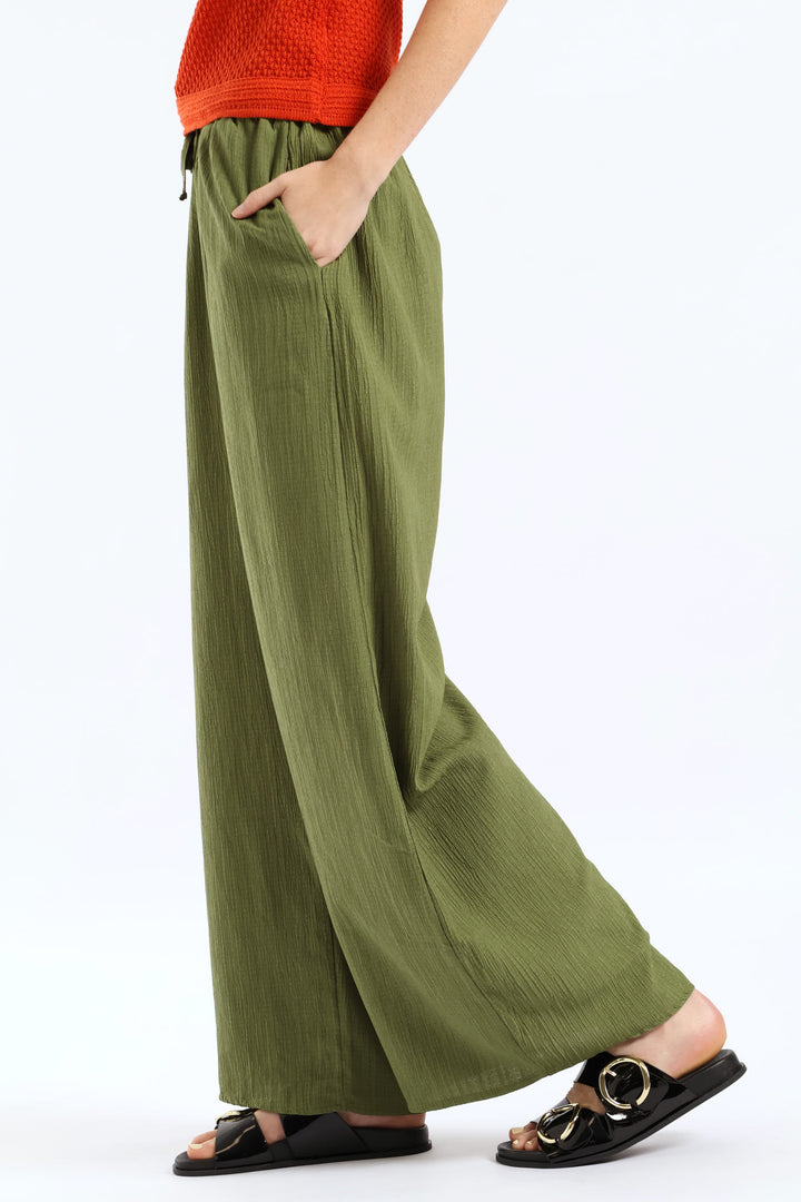 Elasticated Waist Crinkle Wideleg Pant - Deep Chartreuse