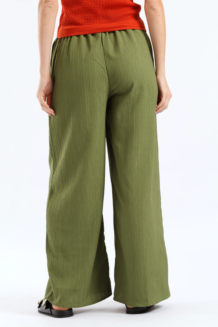 Elasticated Waist Crinkle Wideleg Pant - Deep Chartreuse